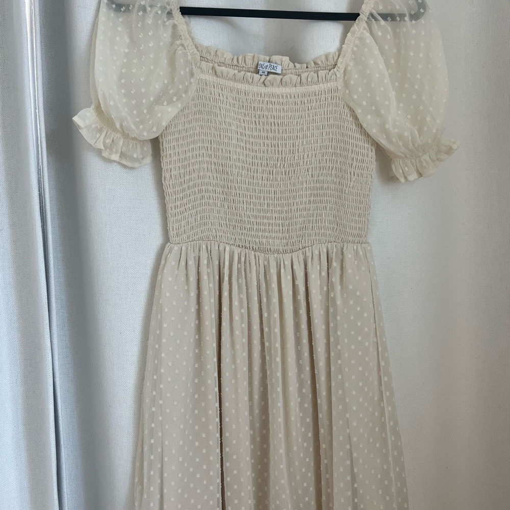 Patrons of Peace Cream Swiss Dot Smocked Puff Sleeve Dress